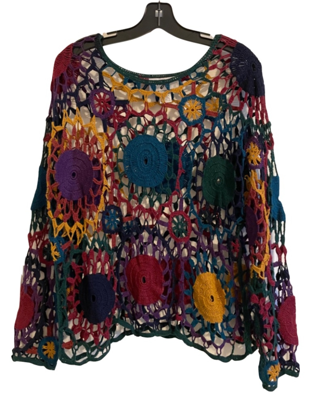Vintage MY 90s Open Knit Sweater Top Multi-Color Granny Square Crochet